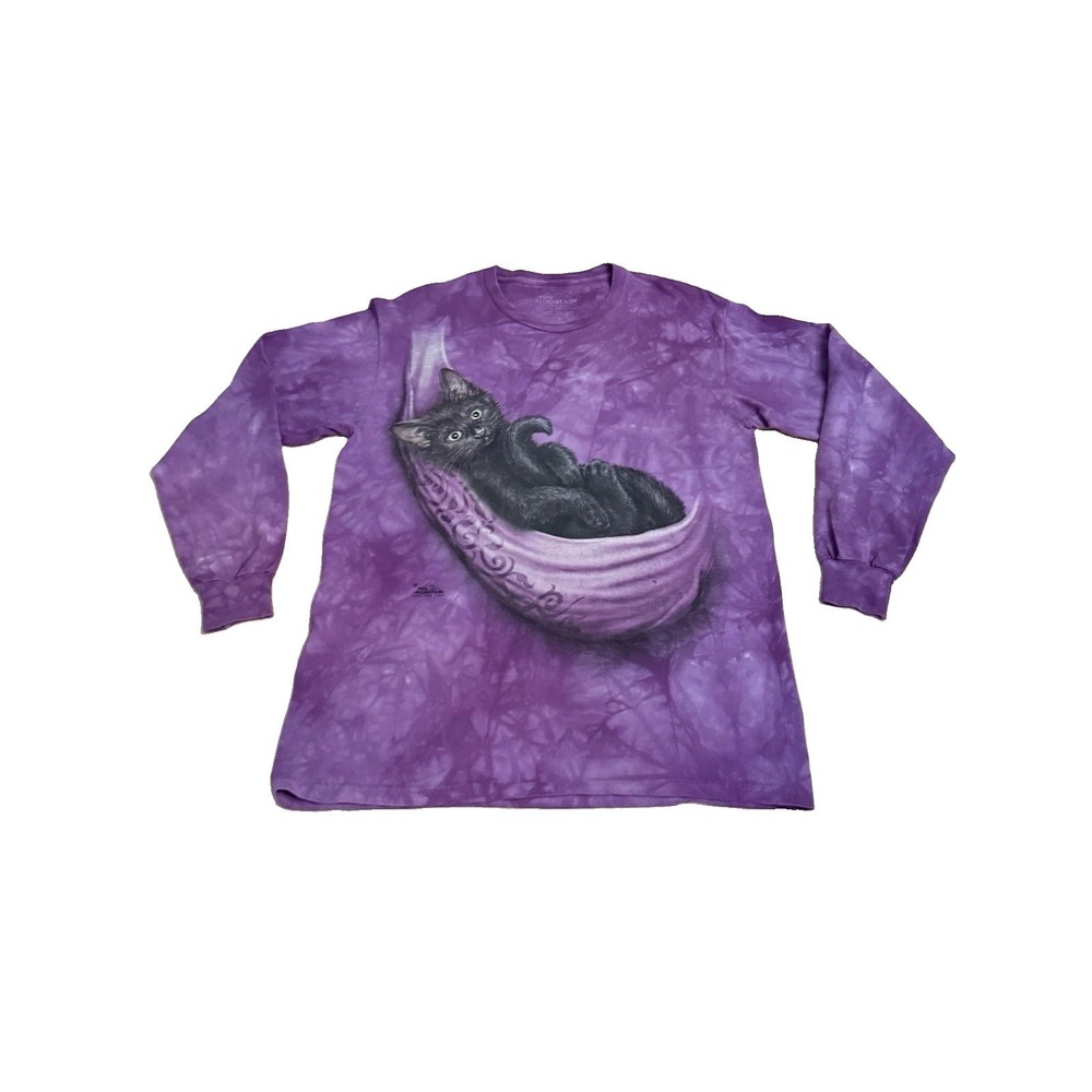 The Mountain Cat Nap T-Shirt Size M Tie Dye Long Sleeve Graphic Art To Wear Boho